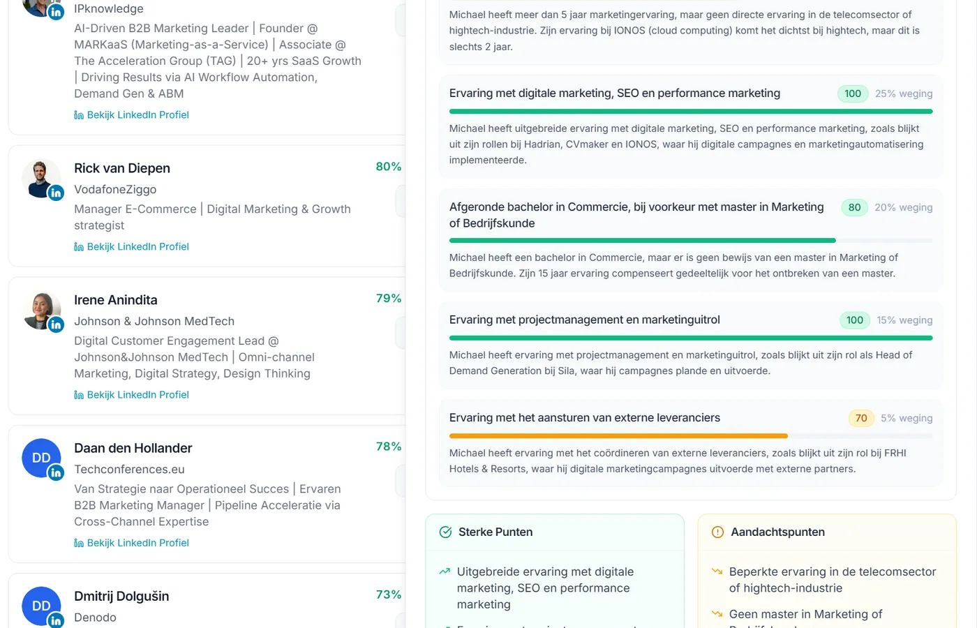 SourceLens match score dashboard met kandidaat analyse en scores per criterium